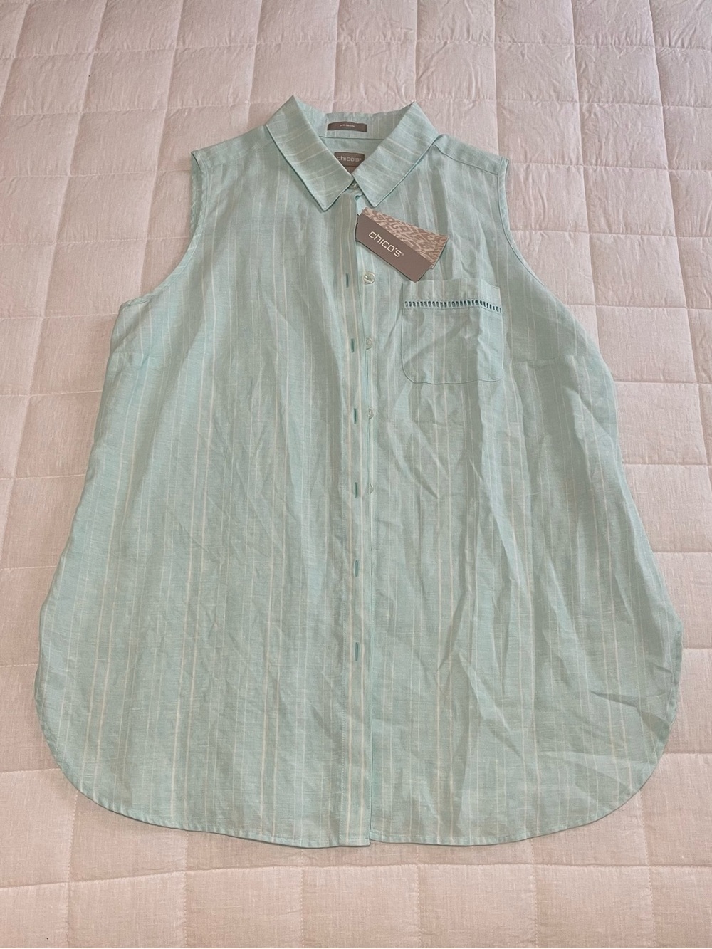 Chico's Sleeveless Pale Turquoise Blue 100% Linen Striped Button-Front Shirt